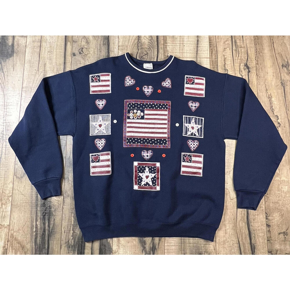 VTG Sweatshirt Womens Artisan USA Made 90s Grandma Hand Painted Flags Hearts .